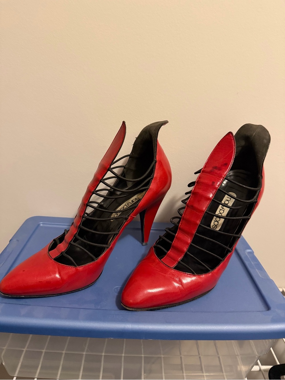 Red Ladder-Strap Pointed-Toe Stiletto Heels